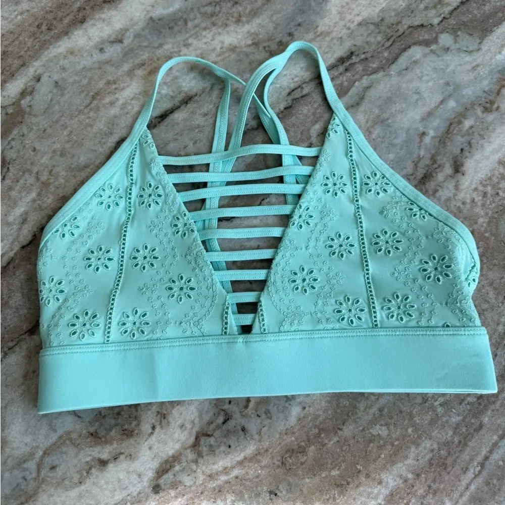 Lorna Jane bay blue embroidered sports bra strappy coastal pilates princess